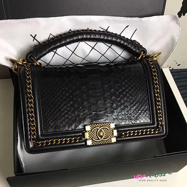 Chanel Snake Leather Boy Bag with Top Handle Black Gold A14041 VS02449 - 1