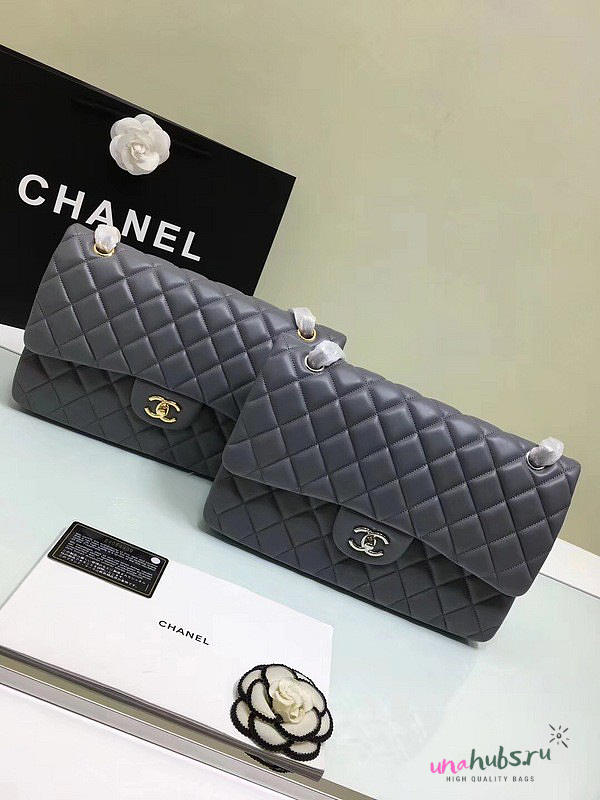CHANEL 1112 Grey Large Size 30cm Lambskin Leather Flap Bag With Gold/Silver Hardware - 1