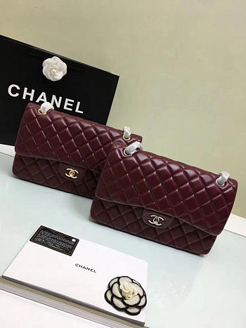 CHANEL 1112 Wine Red Large Size 30cm Lambskin Leather Flap Bag With Gold/Silver Hardware
