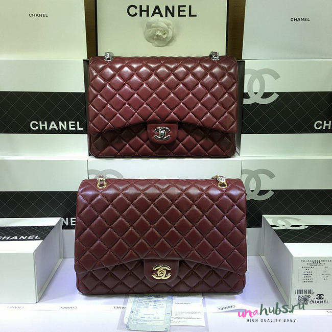 CHANEL 1112 Maroon Red Size 33cm Lambskin Leather Flap Bag With Gold / Silver Hardware - 1