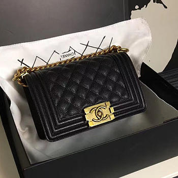 Luxury Chanel Small Quilted Caviar Boy Bag Black Gold A13043 VS05262