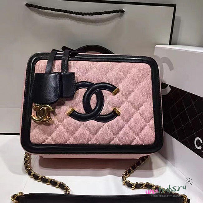 Chanel CC Filigree Vanity Case Bag Pink Grained Calfskin A93343 VS08792 - 1