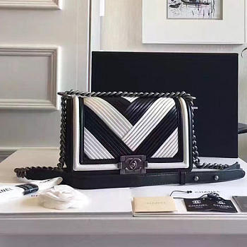 Chanel Medium Chevron Lambskin Boy Bag White and Black A13044 VS04002