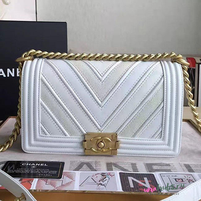 Chanel Chevron Medium Boy Bag White A67086 VS08105 - 1