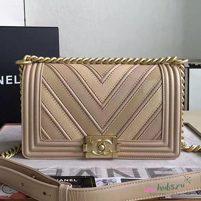 Chanel Chevron Medium Boy Bag Beige A67086 VS03308 - 1