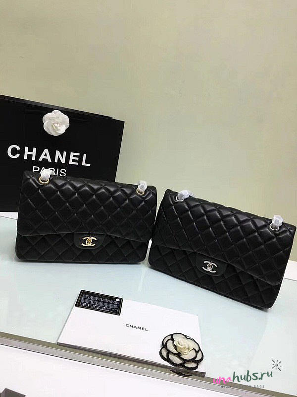 CHANEL 1112 black large size 30cm lambskin Leather Flap Bag with Gold/Silver Hardware - 1
