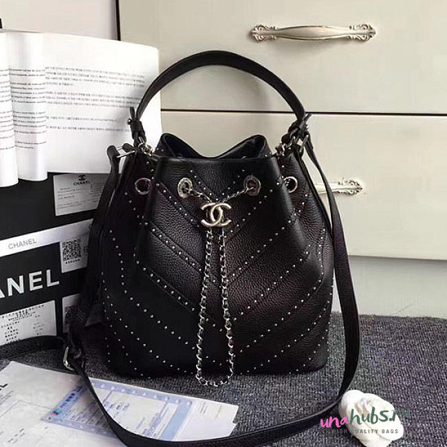 Chanel Stud Calfskin Bucket Bag Black A93598 VS08022 - 1