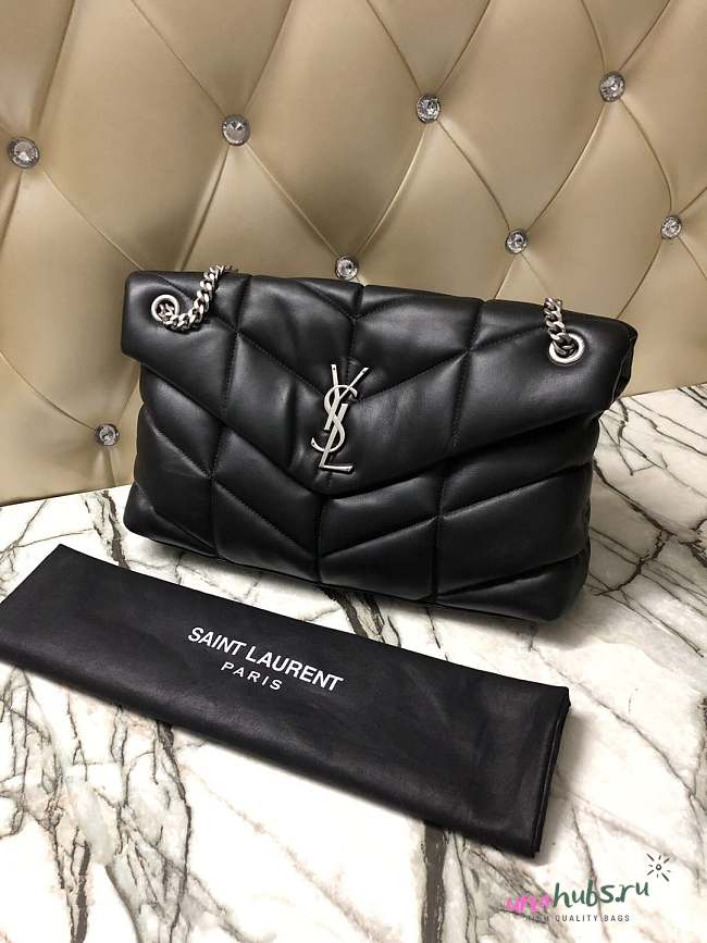 YSL LOULOU PUFFER LARGE BAG LAMBSKIN BLACK SILVER HARDWARE - 1