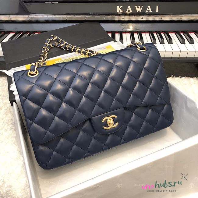 CHANEL 1112 Navy Blue Large Size 30cm Lambskin Leather Flap Bag With Gold Hardware - 1