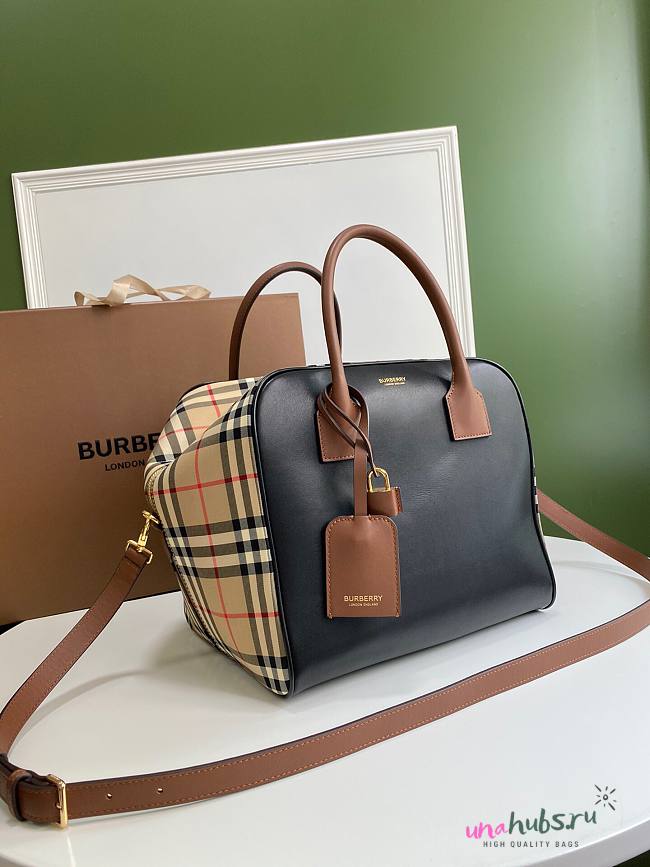 Burberry Ladies Stripe Leather Cube Bowling Bag Black - 1