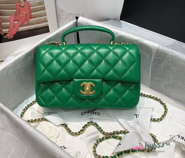 Chanel grained calfskin top handle flap bag green 20cm - 1