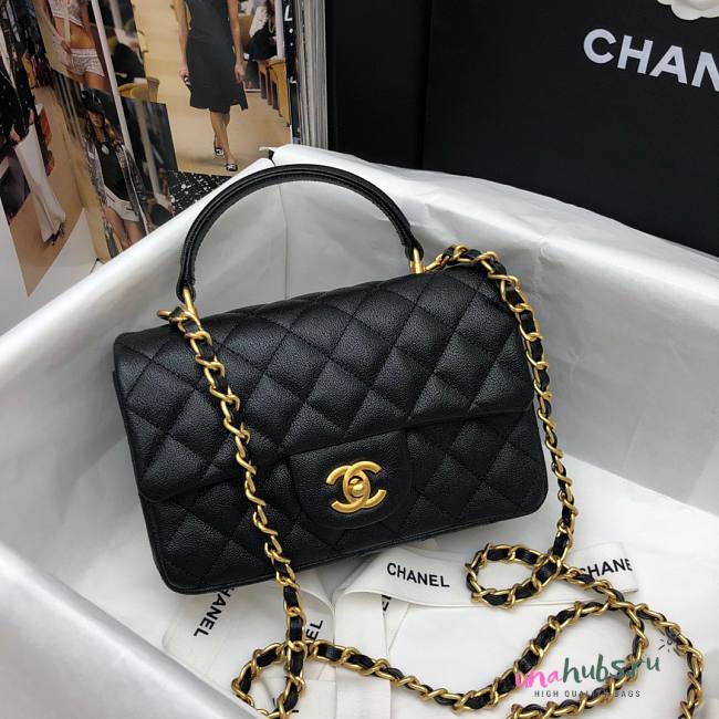 Chanel grained calfskin top handle flap bag black 20cm - 1