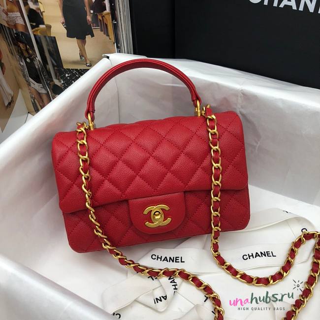 Chanel grained calfskin top handle flap bag red 20cm - 1