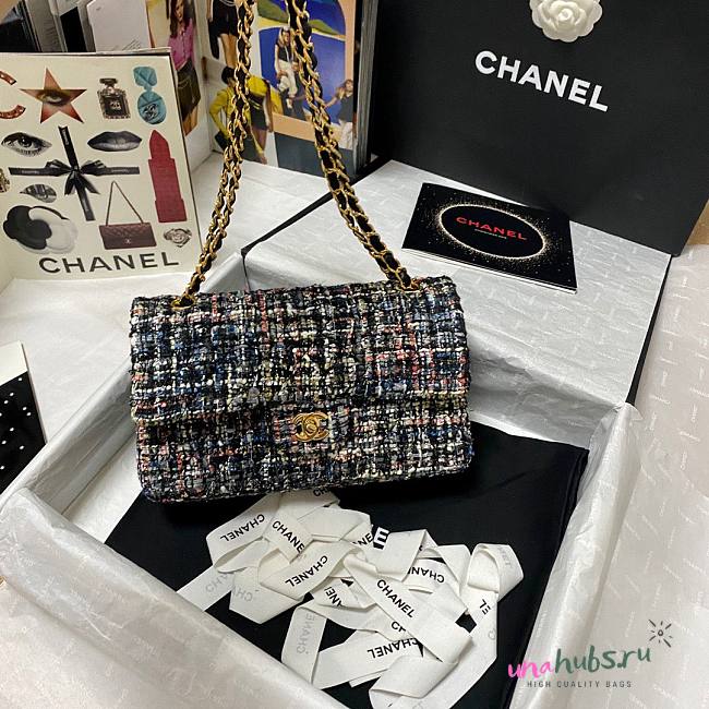 Chanel 25cm Tweed & Gold-Tone Metal Black Double Flap Bag - 1