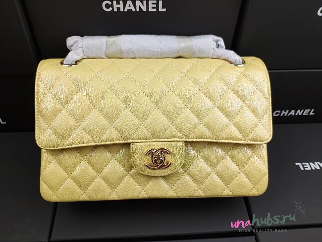 Chanel classic flap caviar leather bag gold hardware yellow 25cm - 1