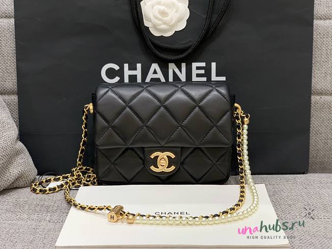 Chanel mini smooth leather pearl chain black flap bag - 1