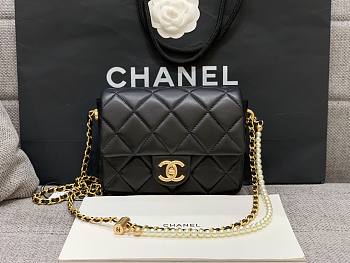 Chanel mini smooth leather pearl chain black flap bag