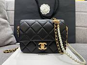 Chanel mini smooth leather pearl chain black flap bag - 2