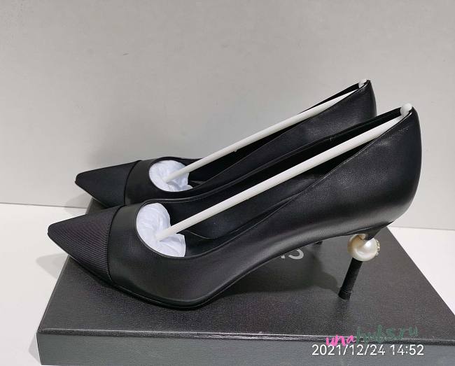 Chanel Black Leather Pearl Heel Pump  - 1