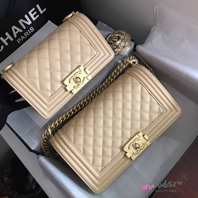 Chanel Small/ Medium Caviar Boy Bag Beige - Gold  - 1