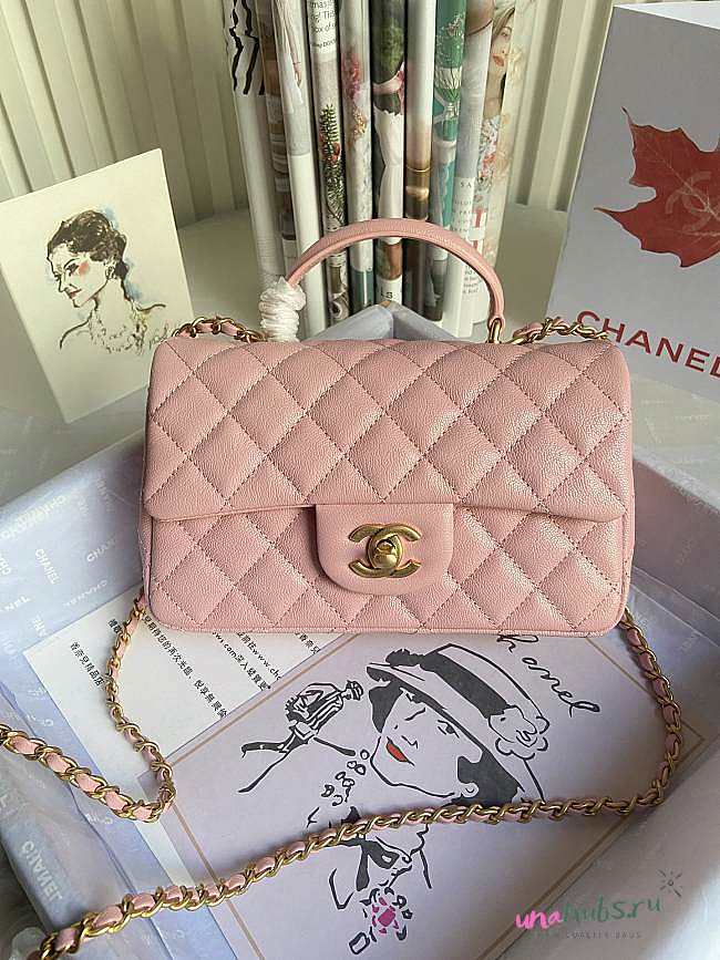 Chanel grained calfskin top handle flap bag new pink 20cm - 1