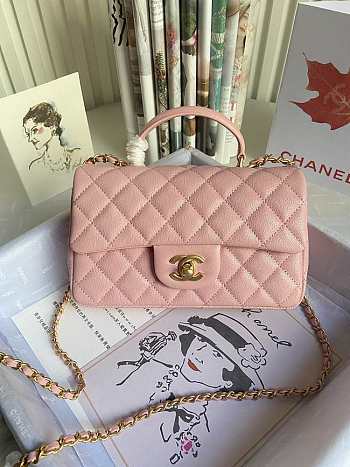 Chanel grained calfskin top handle flap bag new pink 20cm