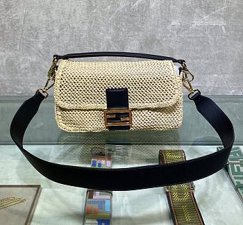 Fendi Baguette white leather medium raffia trap bag