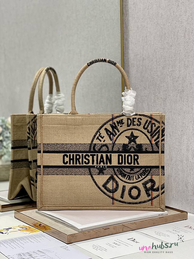 DIOR Book Tote Medium Beige Jute Canvas 36cm - 1