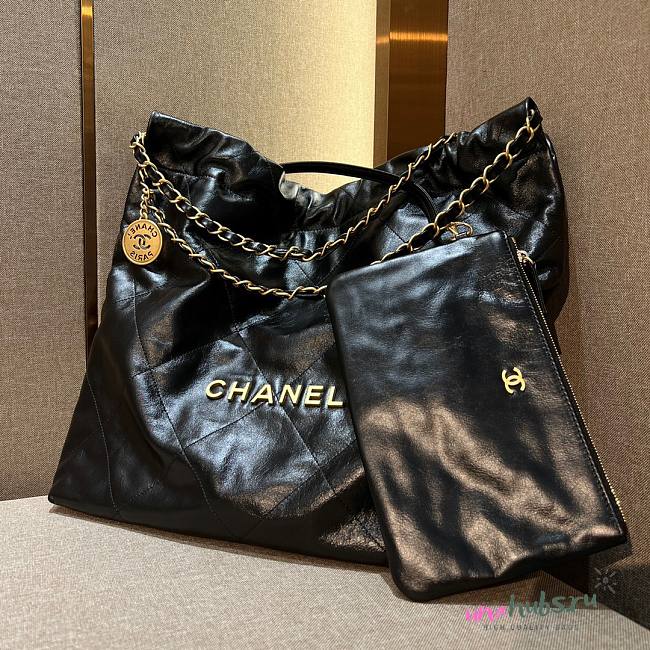 Chanel black leather tote shopping bag - 1