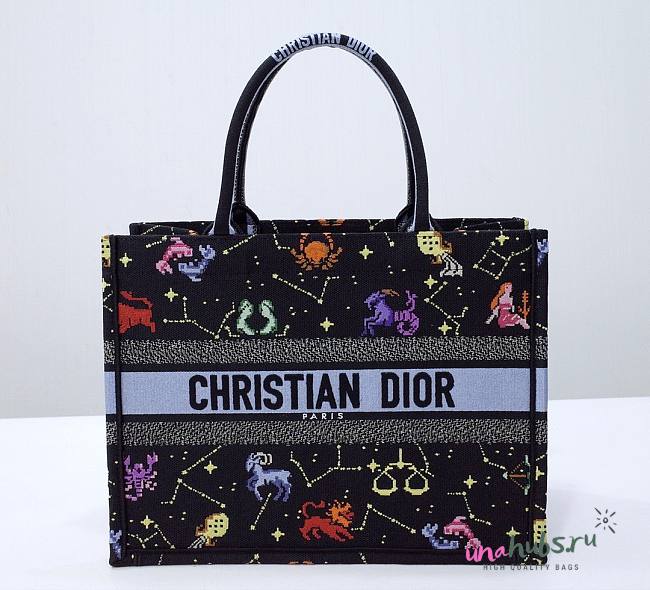 Dior Pixel Zodiac Embroidery Black Book Tote 36cm - 1