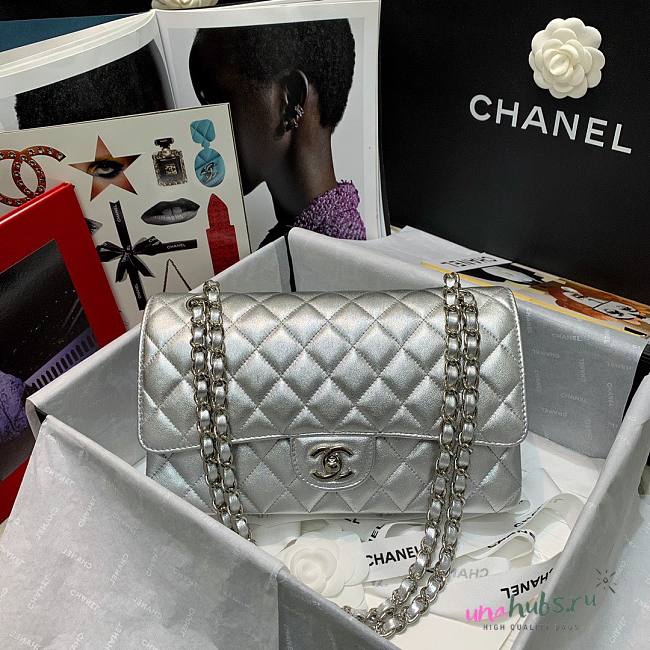 Chanel Silver Lambskin Medium Classic Double Flap Bag - 1