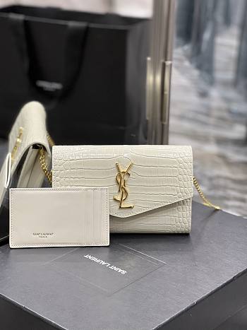 YSL UPTOWN chain wallet white crocodile bag