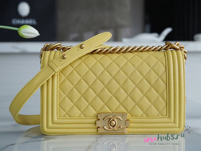 Chanel Green Quilted Caviar Medium Yellow Boy Bag - 1