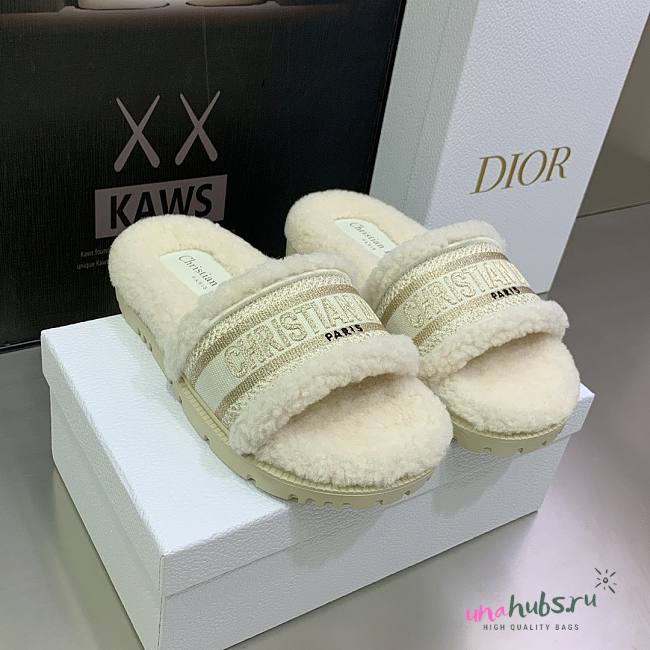 Dior Dway Wool Shearling Fur White Slippers - 1