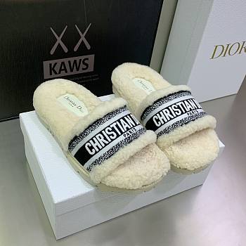 Dior Dway Wool Shearling Fur Black Slippers