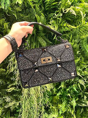 VALENTINO GARAVANI Crystal-embellished Roman stud black shoulder bag