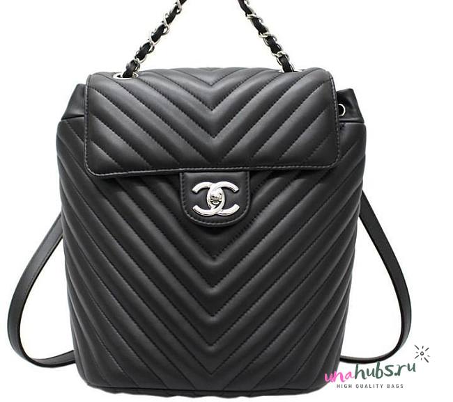 Chanel Chevron Lambskin Black Silver Hardware Large Backpack - 1