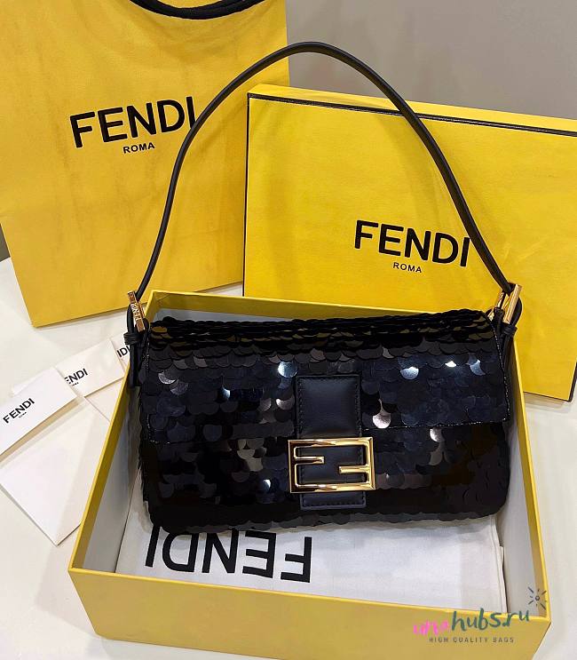 Fendi Mini Baguette black sequinned leather bag - 1