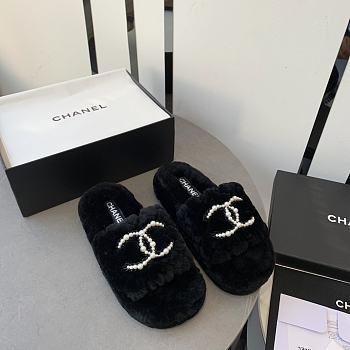 Chanel black shearling slippers 