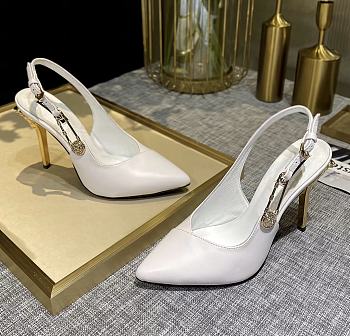 Versace White Leather Safety-Pin Pointed Toe Slingback Heels