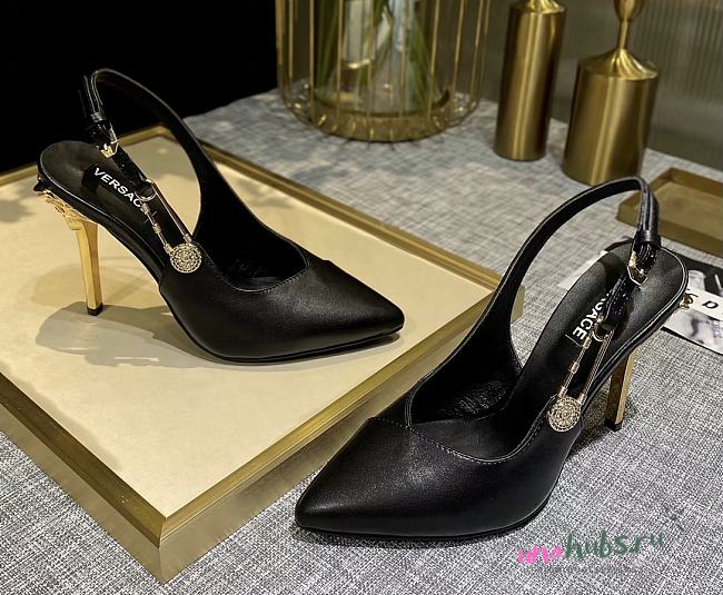 Versace Black Leather Safety-Pin Pointed Toe Slingback Heels  - 1