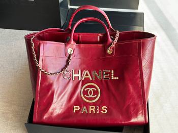 Chanel Deauville Red Leather Tote Shopping Bag