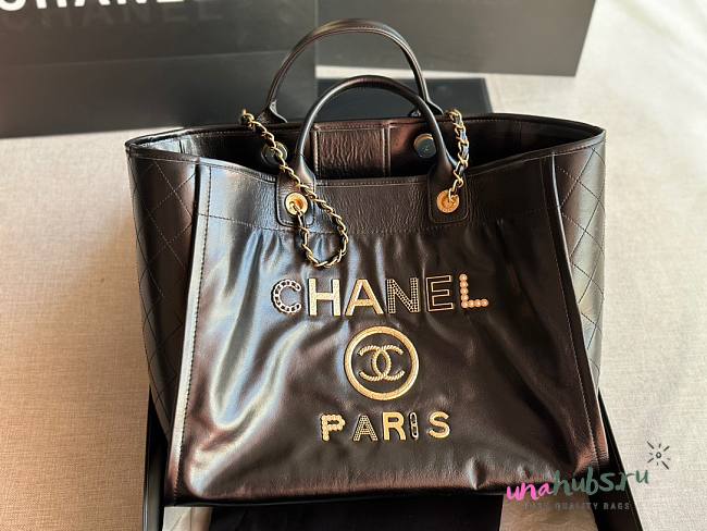 Chanel Deauville Black Leather Tote Shopping Bag - 1