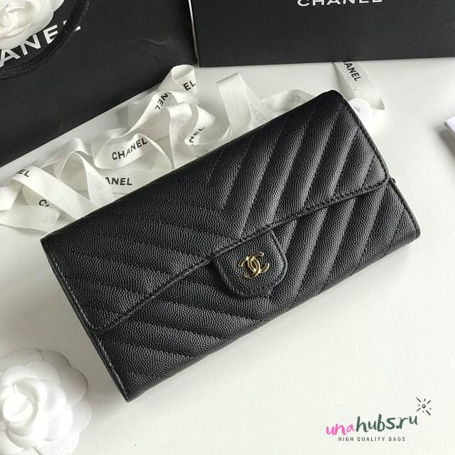 Chanel black chevron caviar gold hardware wallet  - 1