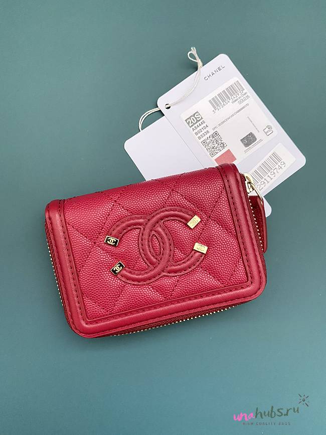 Chanel CC caviar gold hardware filigree red wallet - 1