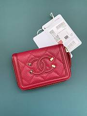 Chanel CC caviar gold hardware filigree red wallet - 1