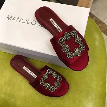  Manolo Blahnik Red Marta Crystal Buckle Silk Sandals