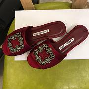  Manolo Blahnik Red Marta Crystal Buckle Silk Sandals - 3