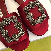  Manolo Blahnik Red Marta Crystal Buckle Silk Sandals - 5