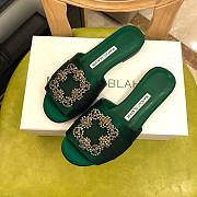 Manolo Blahnik Green Marta Crystal Buckle Silk Sandals - 1